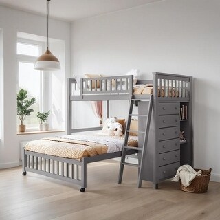 Wooden Twin Over Full Bunk Bed With 6 Drawers And Shelves, Grey