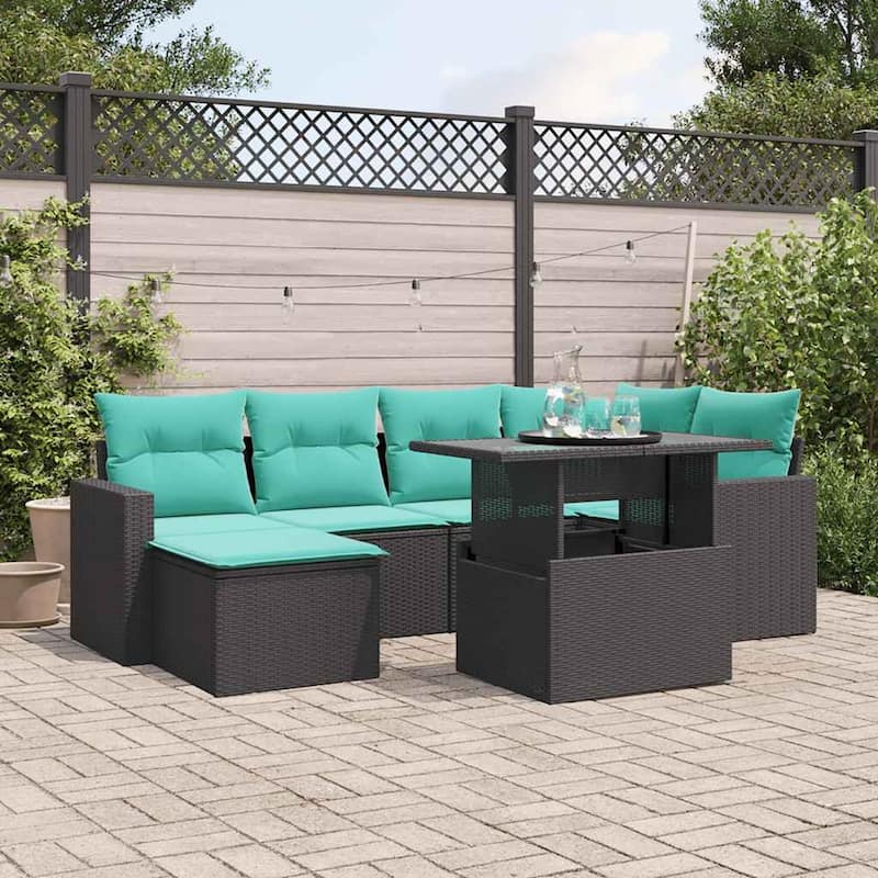 vidaXL Patio Sofa Set with Cushions and Table Outdoor 7 Piece Poly Rattan - Black without storage