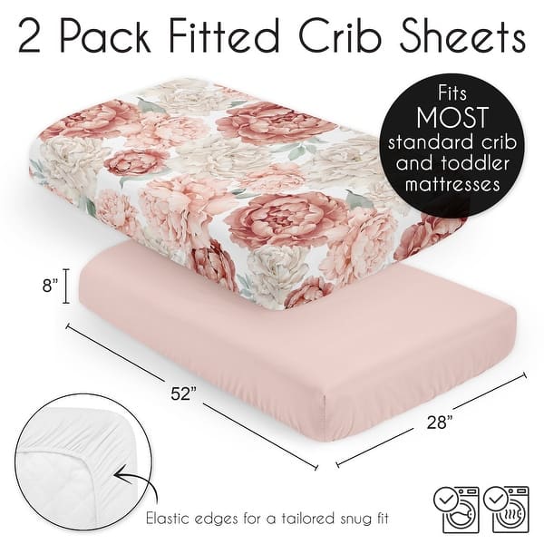 Sweet Jojo Designs Boho Shabby Chic Floral Girl 2 Pack Fitted Crib Sheets Solid Pink Ivory Bohemian Vintage Watercolor Nature