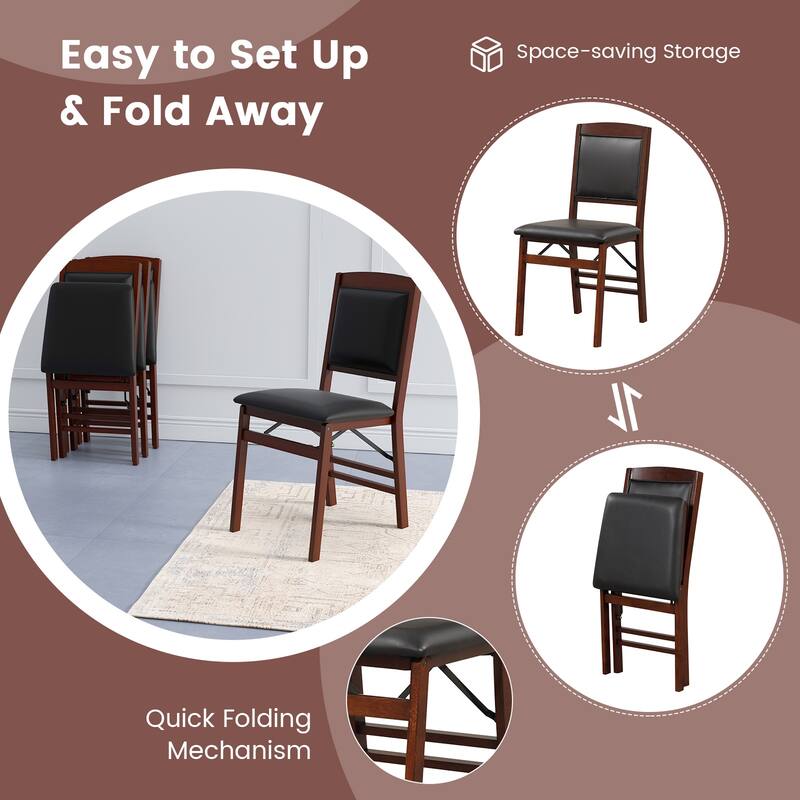 Set of 2 Black and Brown Folding Dining Chairs with Padded PU Leather Seat and Solid Wood - 19.5" x 16" x 34" (L x W x H)