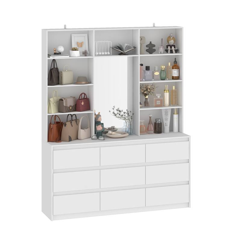 Chest White Storage Cabinet w/Mirror for Bedroom, Dresser Shelving Unit