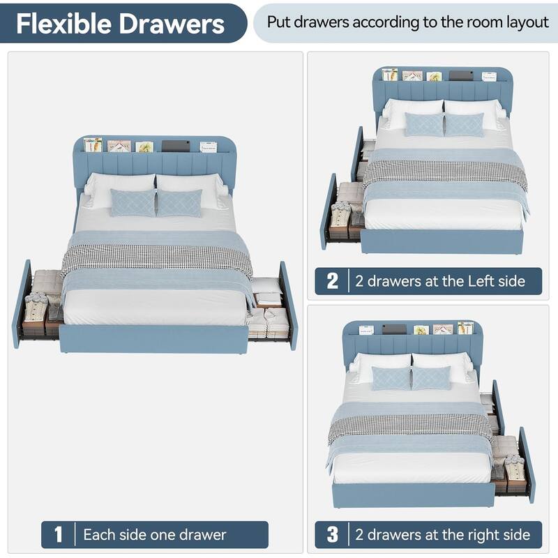 Bed Frame with 2 Drawers, Boucle Upholstered