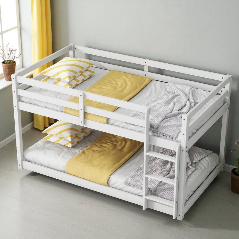 Solid Rubber Wood Twin Over Twin Floor Bunk Bed with Ladder, Low Height Design and Strengthened Slat Support