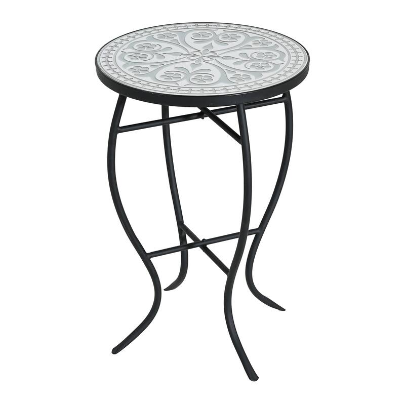 Han Outdoor Round Ceramic Tile Side Table with Iron Frame by Christopher Knight Home - Grey+Black