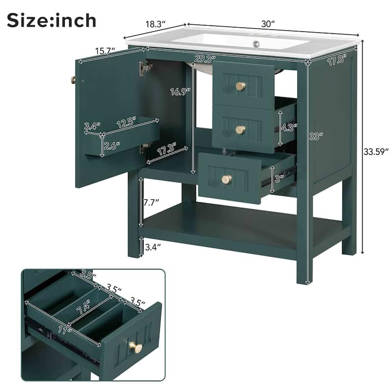 30" Transitional Style Bathroom Vanity Cabinet Combo with Ceramic Sink - Green
