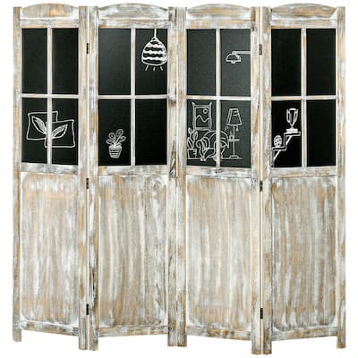 4 Panel Room Divider, 5.6' Tall Farmhouse Style Folding Indoor Portable Wood Privacy Screen with Black Boards