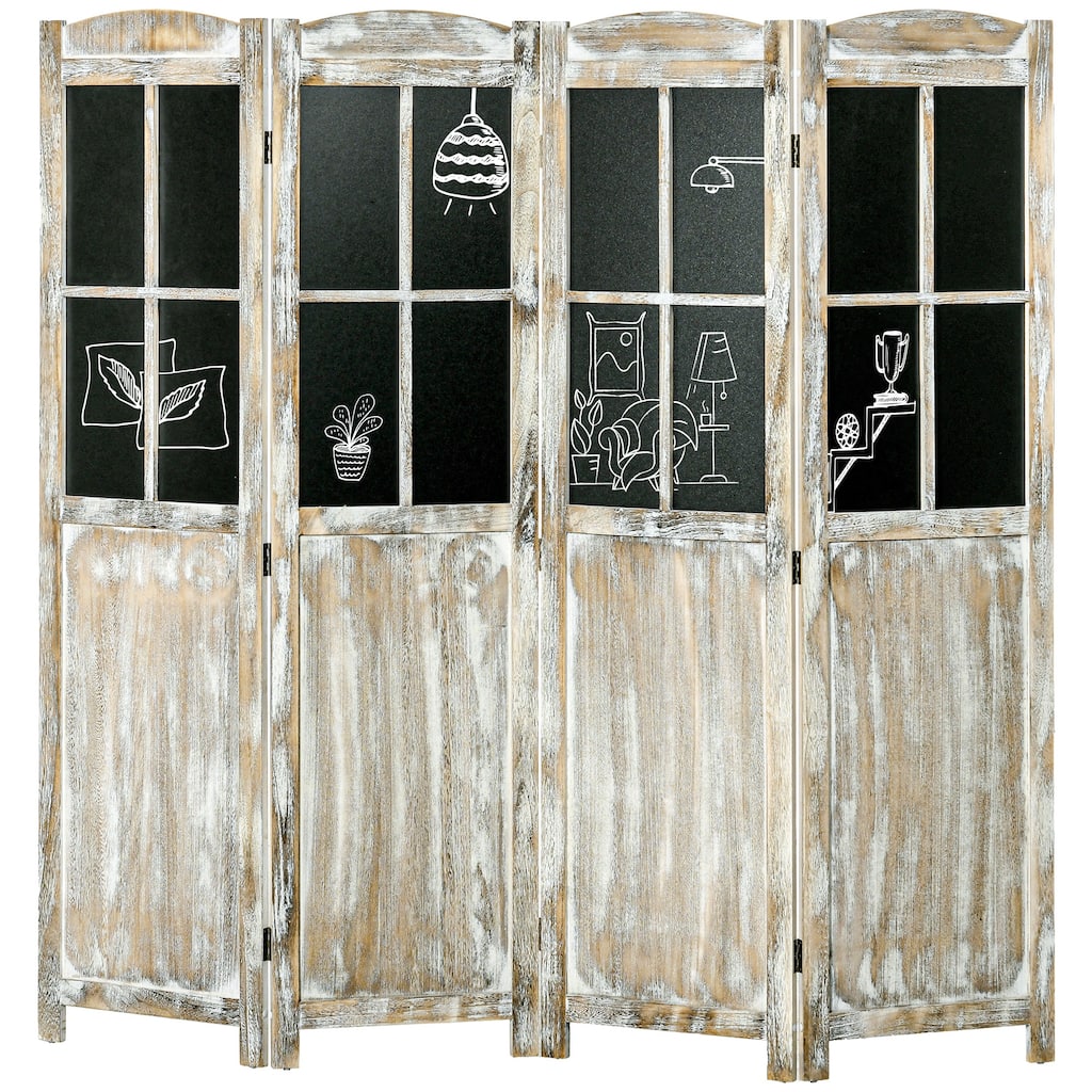 4 Panel Room Divider, 5.6' Tall Farmhouse Style Folding Indoor Portable Wood Privacy Screen with Black Boards