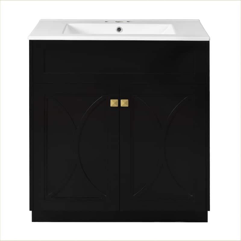 Modern Bathroom Vanity Floor Cabinet with Pull-out Rack, Soft Closing Textured Doors and Exquisite Gold Square Metal Handles