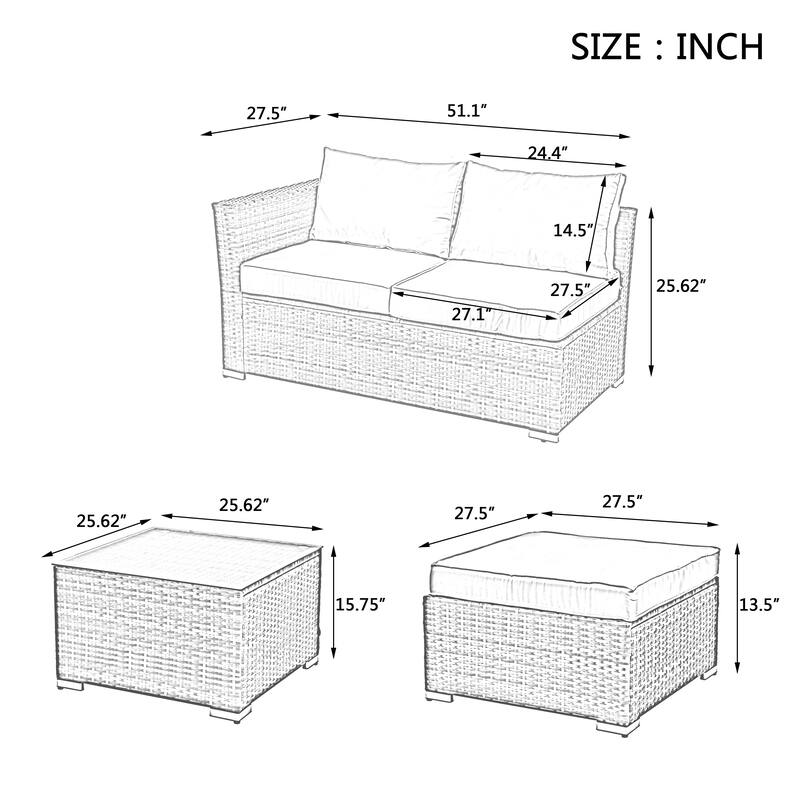 Modular Sectional Sofa with Tempered Glass Coffee Table, PE Wicker Frame Conversation Sets with Ottoman, Convertible Loveseat