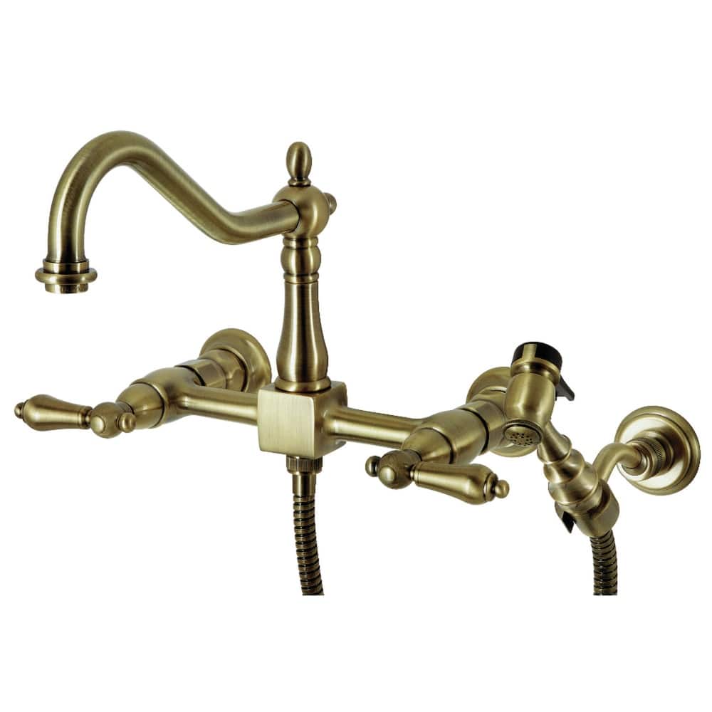 Heritage Two-Handle Wall Mount Bridge Kitchen Faucet with Brass Sprayer