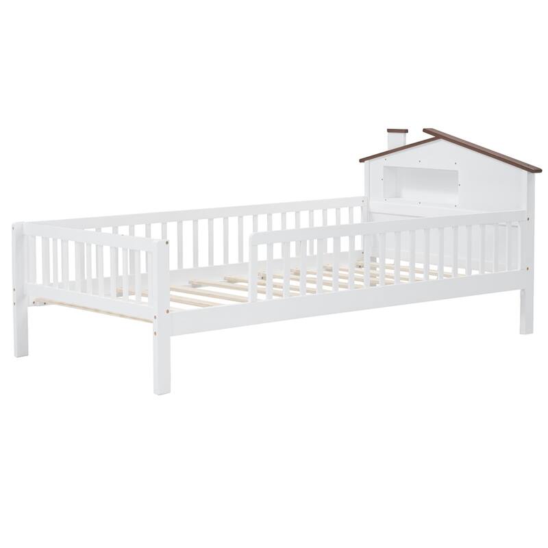 Twin Size Wood Platform Bed with House-shaped Headboard,LED & Storage