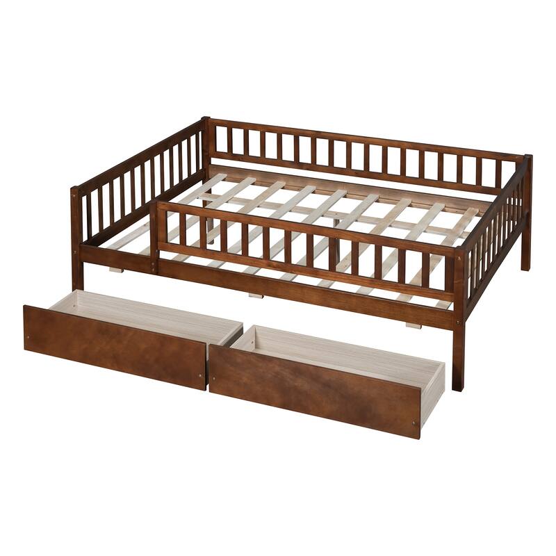 Full Size Daybed Wood Bed with 2 Drawers, Wood Day Bed with Fence