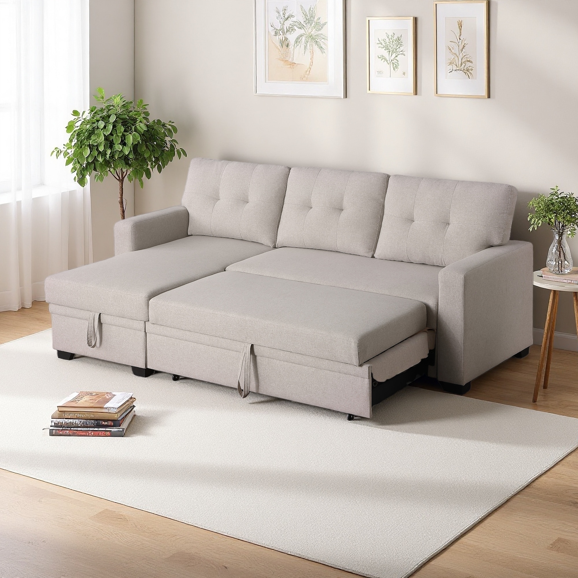 82" Linen Convertible Sectional Sofa with Pull-out Chaise and Removable Cushions