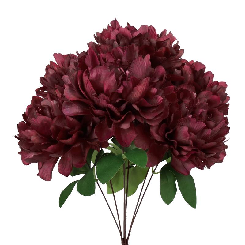 Set of 2 Burgundy Artificial Lush Hybrid Peony Flower Stem Bush Bouquet 17in - 17" L x 10" W x 10" DP