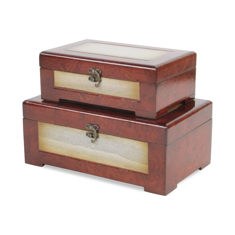 Brown Wooden Treasure Box with Marble Design (Set of 2)
