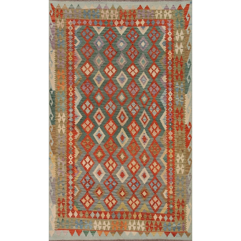 Hand Woven Oriental 100% Wool Carpet Southwestern Geometric Green Kilim Area Rug - 9' 8'' X 6' 8''