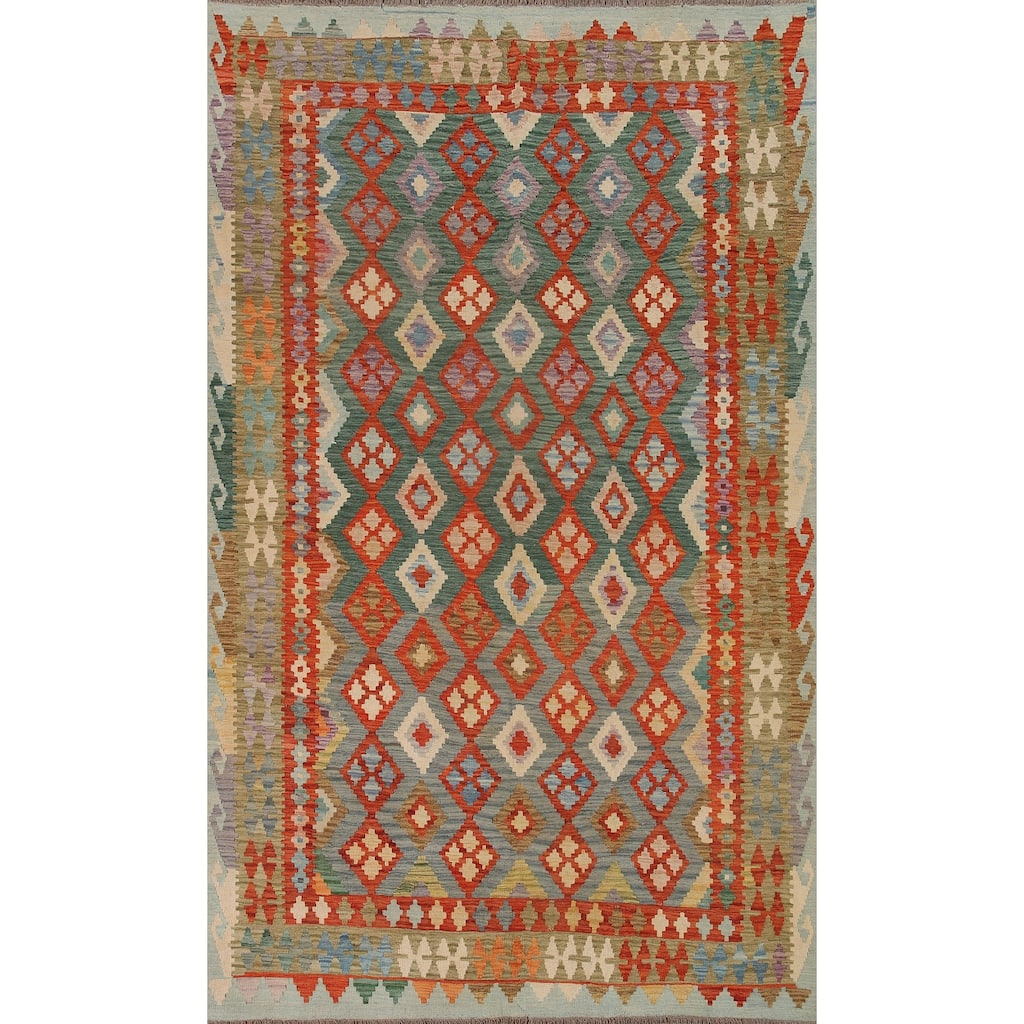 Hand Woven Oriental 100% Wool Carpet Southwestern Geometric Green Kilim Area Rug - 9' 8'' X 6' 8''