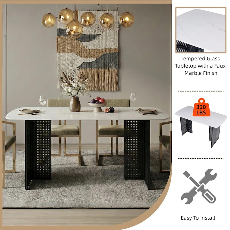 Rectangular Tempered Glass Dining Table for 6, Featuring a Marble-Patterned Design with black Hollow-Out Metal Legs