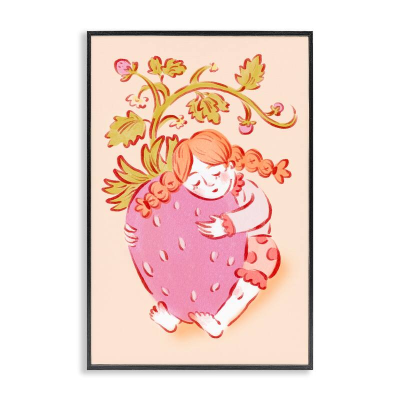 Stupell Girl Hugging Strawberry Framed Giclee Art Design By Hannah Moren - 12 x 18 - Black