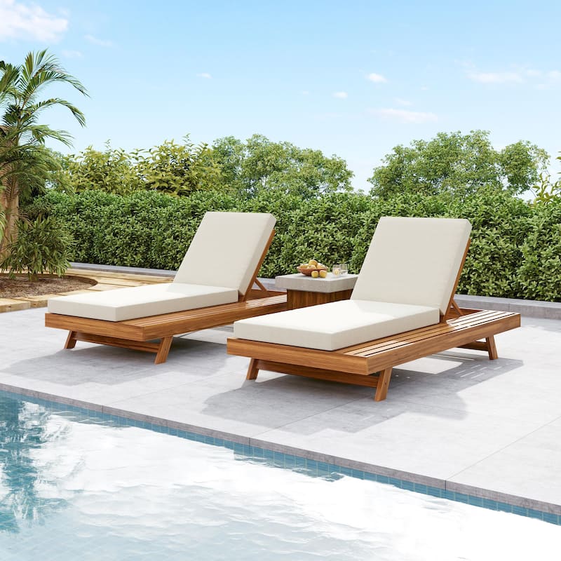 One-sided Open Storage Lounge Chairs Outdoor Patio Acacia Wood Chaise Lounge with Adjustable Backrest & Water-repellent Cushions