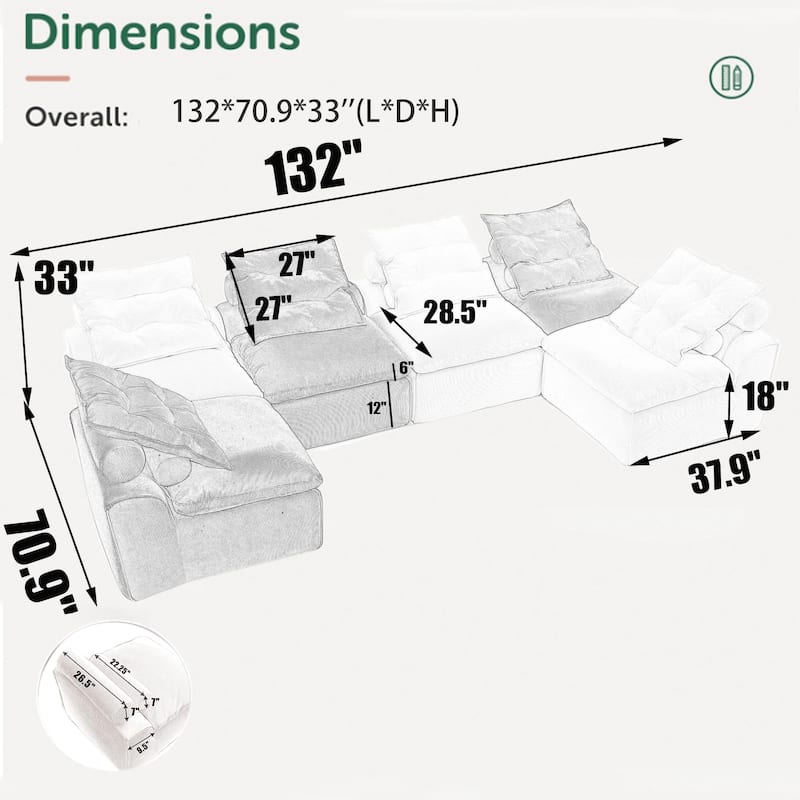 132" Corduroy Modular 6-Seater Sectional Sofa with 12 Pillows (6 Neck + 6 Lumbar), Armless Design and DIY Configuration