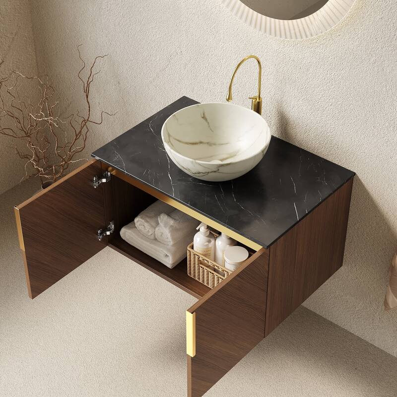 Wall-Mounted Bathroom Vanity with Round Ceramic Sink