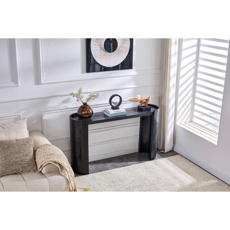 Black curved foyer table - Black wood grain minimalist entrance small space living room sofa side table