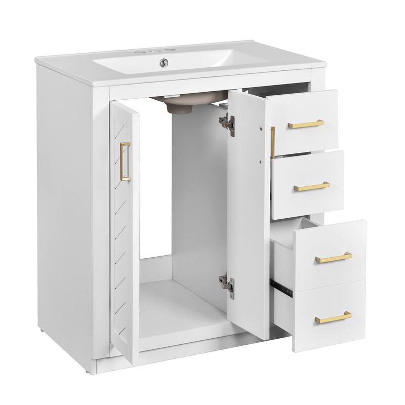 Bathroom Vanity with Ceramic Sink, Vanity Set with 3 Drawers and Doors, Bathroom Storage Cabinet with Solid Wood Frame