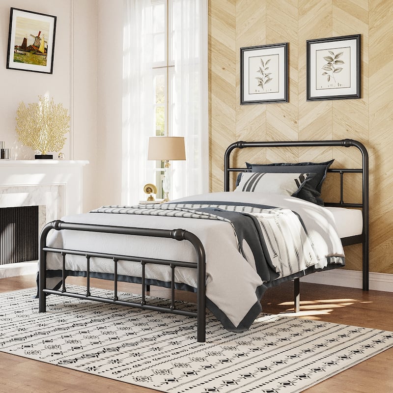 Metal Bed Frame with Victorian Style Wrought Iron-Art Headboard and Footboard