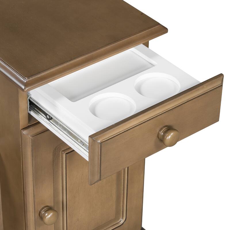 Vintage End Table with USB Ports and Multifunctional Drawer with Cup Holders