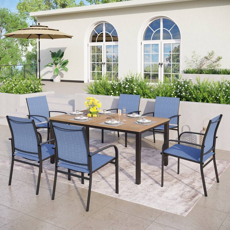 MAISON ARTS Outdoor Patio Dining Set 7 Piece Furniture Set with 6 Textilene Chairs and Metal Rectangular Brown Dining Table - Blue