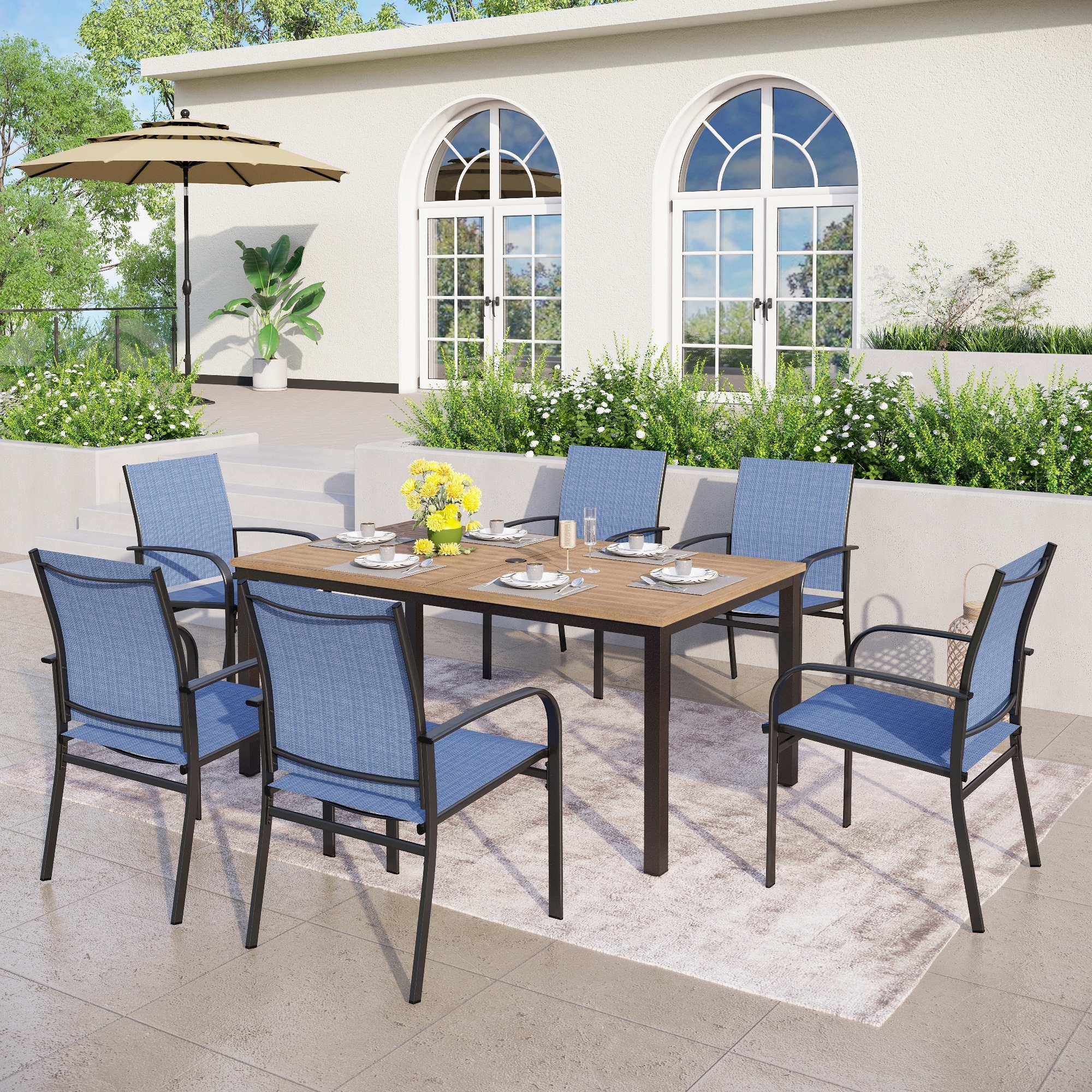 MAISON ARTS Outdoor Patio Dining Set 7 Pieces Furniture Set with 6 Textilene Chairs and Metal Rectangular Brown Dining Table
