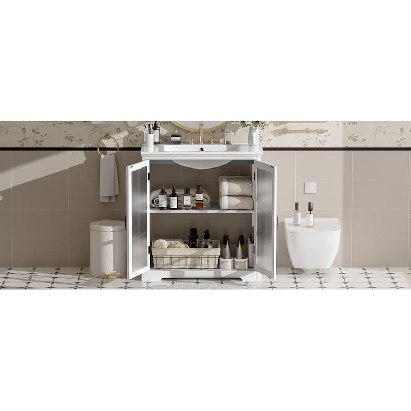 30"Bathroom Vanity with Sink,Bathroom Cabinet with Tempered Blurred Glass and Handles,Large Storage Space and Rubber Wood Frame