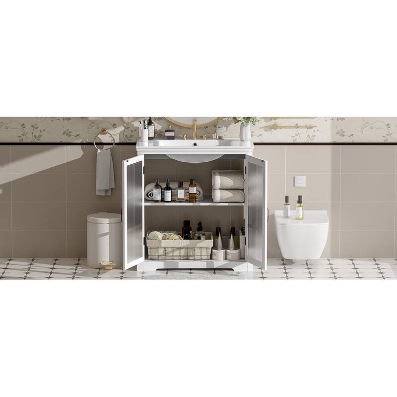 Roomfitters 30" Modern Bathroom Vanity with Ceramic Sink, Cabinet with Tempered Blurred Glass