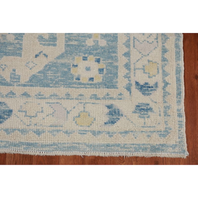 Hand Knotted Oriental 100% Wool Carpet Transitional Geometric Navy Blue & Blues Oushak Runner Rug - 12' 10'' X 3' 0''