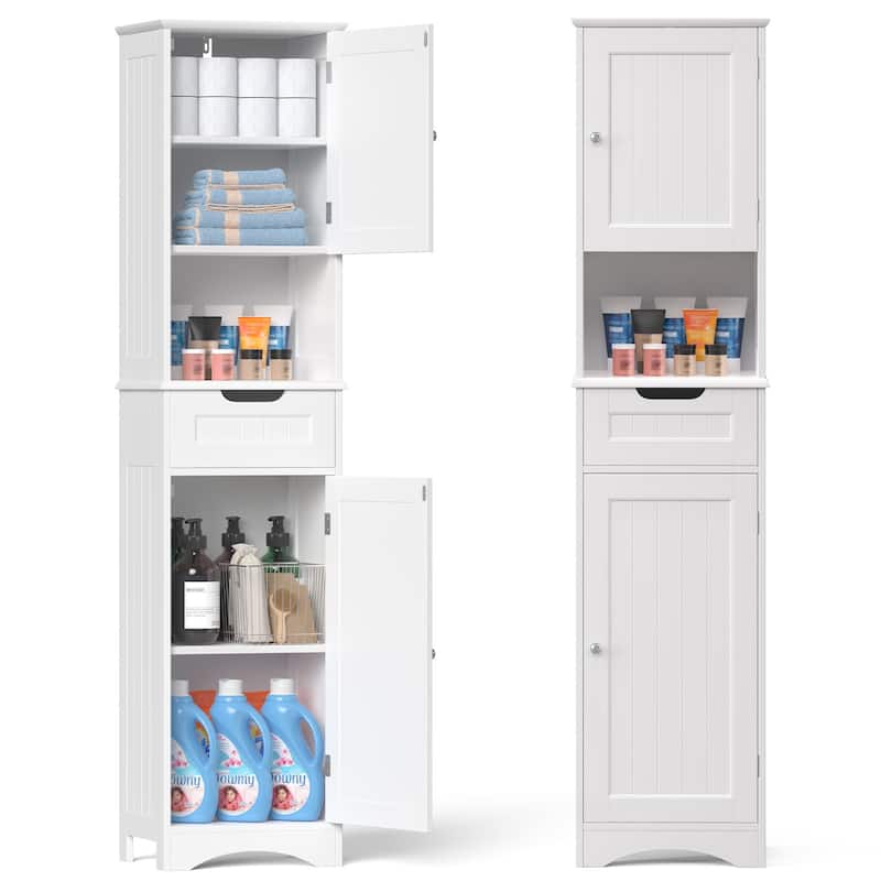 67'' Tall Bathroom Narrow Linen Cabinet, 5 Tiers Solid Wood Freestanding Storage Cabinet - White