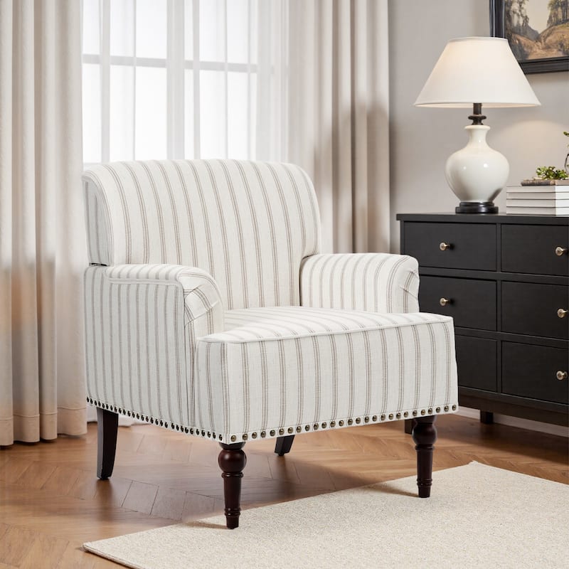 Striped Upholstered Linen Armchair with Brass Nailhead Trim