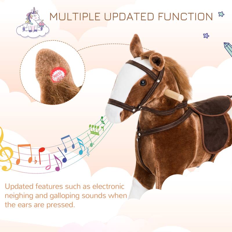 Kids Plush Rocking Horse with Authentic Neigh Sounds, Saddle, and Stirrup for 3-8 Years Old - Comfortable Velvet Fabric