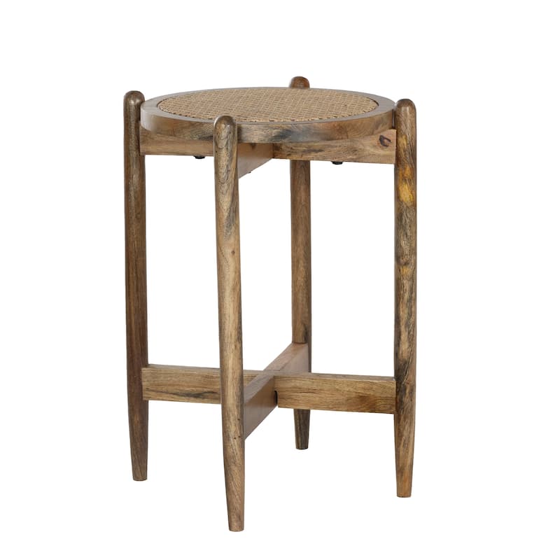 Round Side Accent Table with Mango Wood Base & Rattan Cane Webbing Top, 17.5"W x 17.5"L x 24"H