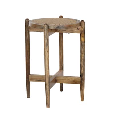 Round Side Accent Table with Mango Wood Base & Rattan Cane Webbing Top, 17.5"W x 17.5"L x 24"H