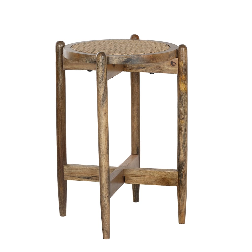 Round Side Accent Table with Mango Wood Base & Rattan Cane Webbing Top, 17.5"W x 17.5"L x 24"H