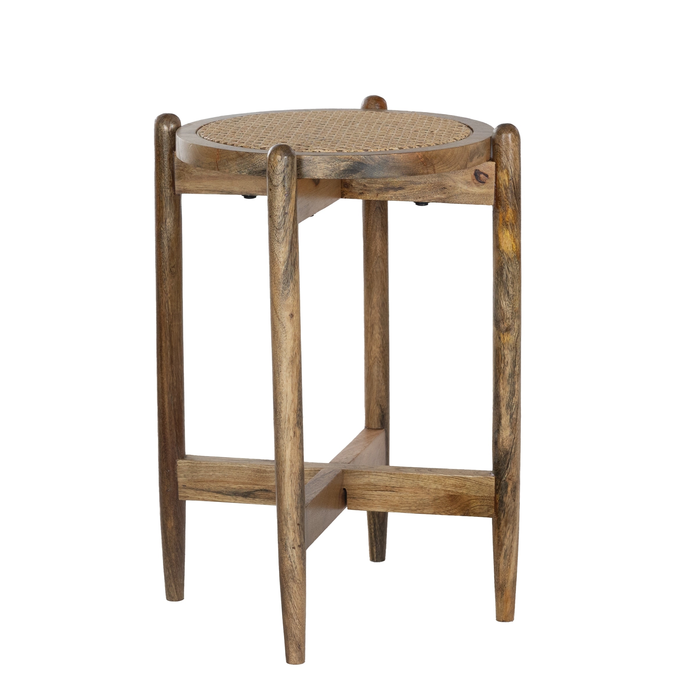 Round Side Accent Table with Mango Wood Base & Rattan Cane Webbing Top, 17.5"W x 17.5"L x 24"H