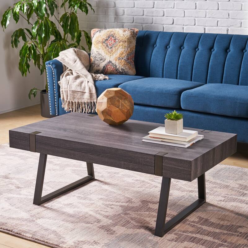 Roomfitters Industrial Coffee Table, Modern Wood Living Room Center Cocktail Table with Metal Sled Legs and Accents, Black