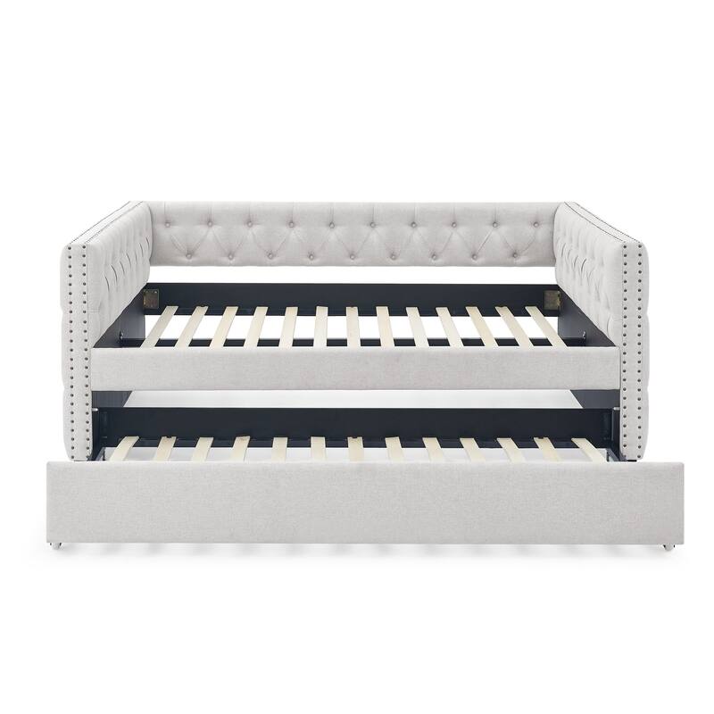 Beige Full Size Upholstered Tufted Daybed with Button and Copper Nail on Square Arms for Bedroom