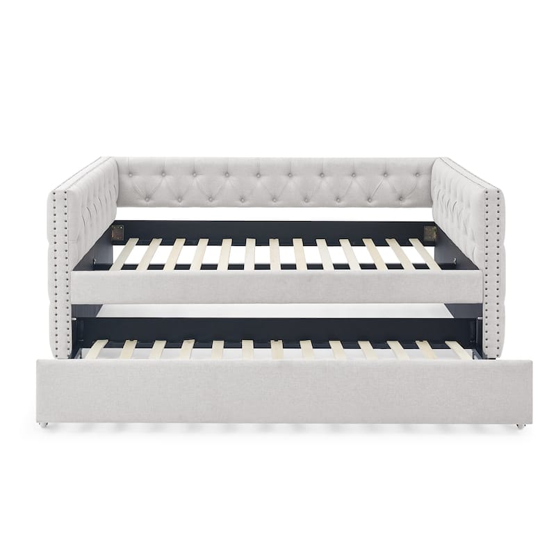 Full Size Daybed with Twin Trundle Sofa Bed, with Button and Copper Nail on Square Arms, Grey