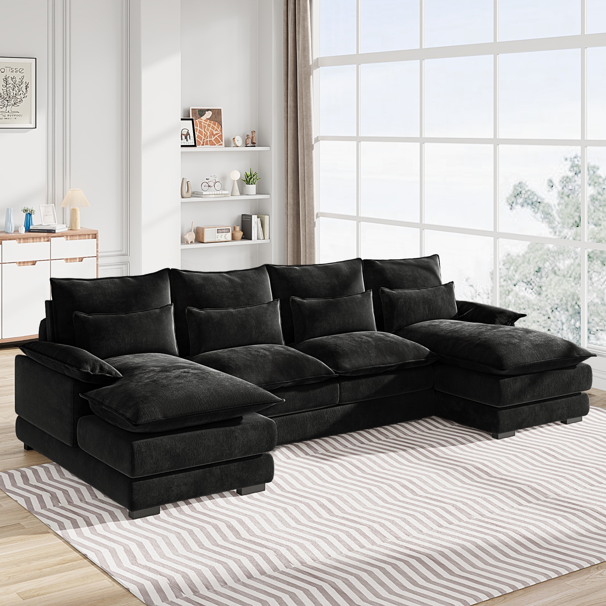 U-Shaped Sectional Sofa Double Layer Cushion Couch with Back Pillows, Chaise and Ottoman