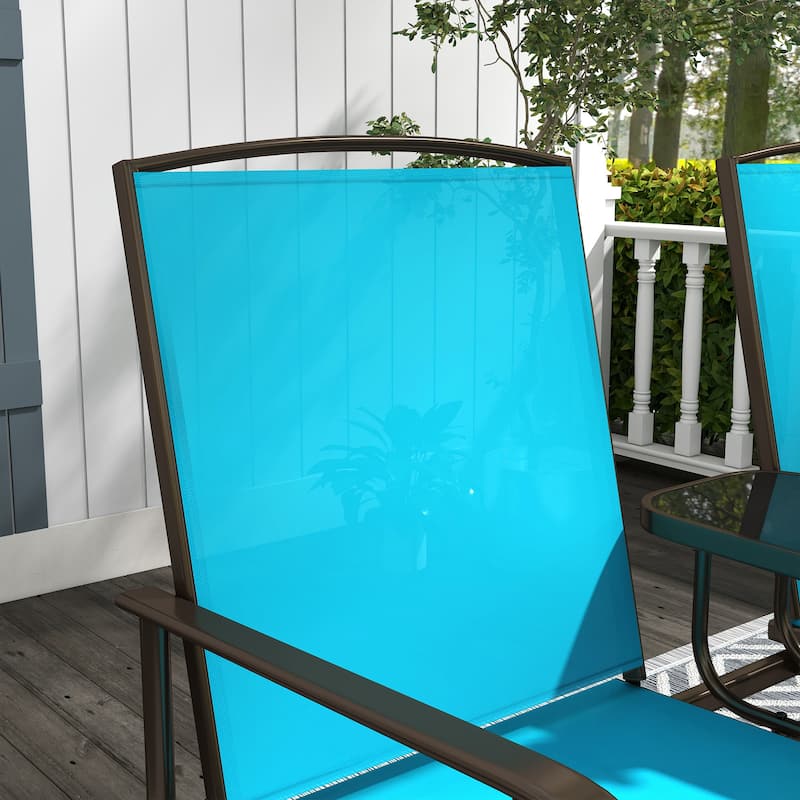 Outdoor Glider Bench with Center Table, Patio Loveseat with Breathable Mesh Fabric, Armrests & Metal Frame