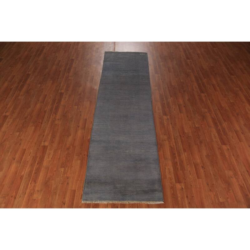 Blue & Gray Modern Gabbeh Runner Rug Handmade Wool Carpet - 2'10" x 9'7"