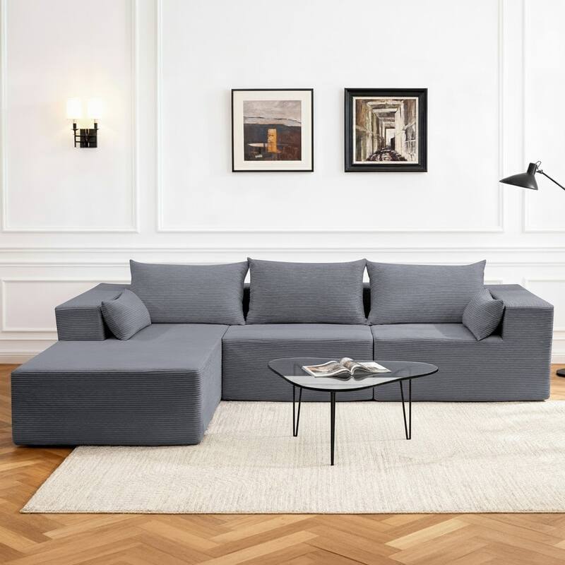 Oversized L-shaped Plush Corduroy Couch, Sectional Sofa with Deep Cushions and Chaise Lounge