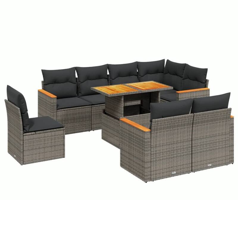 vidaXL Patio Sofa Set with Cushions Sofa Modules 9 Piece Poly Rattan Acacia - 21.7 x 39.4 x 28.7 in
